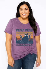 Pew Pew Cat Graphic Printed Plus Size Tee
