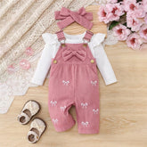 3PCS Sweet Bow Print Long Sleeve Baby Overalls Set
