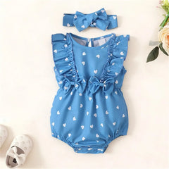 2PCS Sweet Heart Print Flutter Sleeve Baby Girl Romper