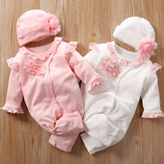 2PCS Lovely Fold Edge Solid Printed Long-sleeve Baby Jumpsuit With Hat