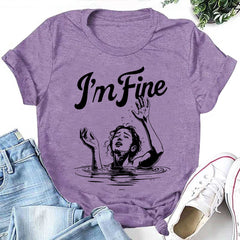 Dark Humor Drowning Illustration I'm Fine Letter Print Women Slogan T-Shirt