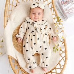 2PCS Grace Heart Print Ruffle Decor Long Sleeve Baby Jumpsuit