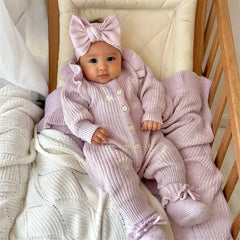 2PCS Cheerful Floral Embroidery Knit Long Sleeve Baby Jumpsuit