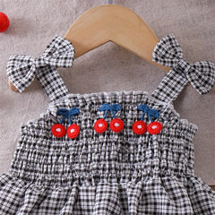 2PCS Sweet Cherry Embroidery Plaid Print Denim Baby Set