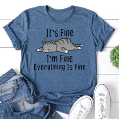 Funny Cat It's Fine Letter Print Women Slogan T-Shirt