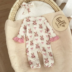 2PCS Gorgeous Bear Print Ruffle Zipper Baby Jumpsuit