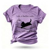 Coffee Cat Book Letter Print Women Slogan T Shirt