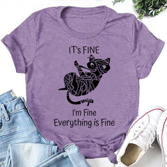Funny Black Cat It's Fine Letter Print Women Slogan T-Shirt