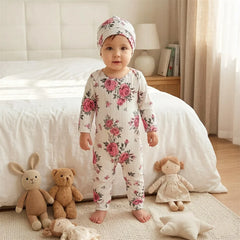 2PCS Classy Floral Printed Long Sleeve Baby Girl Jumpsuit