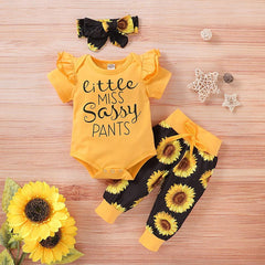 3PCS Sunflower Short Sleeve Letter Printed Bodysuit With Floral Printed Set