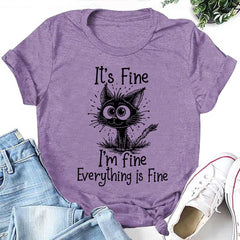 Funny Cartoon Cat It's Fine Letter Print Women Slogan T-Shirt
