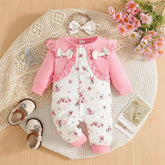 2PCS Elegant Floral Print Ruffle Long Sleeve Baby Jumpsuit