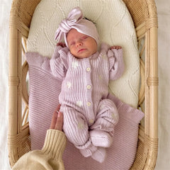 2PCS Cheerful Floral Embroidery Knit Long Sleeve Baby Jumpsuit