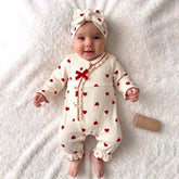 2PCS Delightful Heart Print Long Sleeve Ruffle Baby Jumpsuit