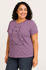 Line Cat Print Crew Neck Short Sleeve Plus Size T-Shirt