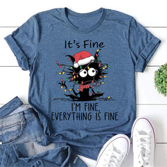 Funny Christmas Cat It's Fine Letter Print Women Slogan T-Shirt