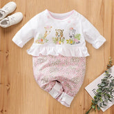 Lovely Three Animals Printed Fold Edge Long-sleeve Baby Girl Jumpsuit