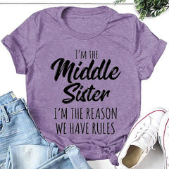 Eu sou a irmã do meio moda carta impressa camiseta feminina com slogan