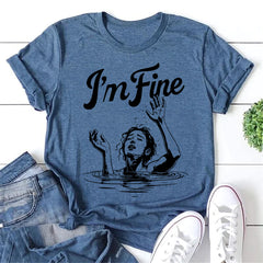 Dark Humor Drowning Illustration I'm Fine Letter Print Women Slogan T-Shirt