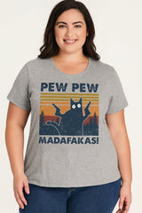 Pew Pew Cat Graphic Printed Plus Size Tee