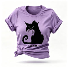 O que? Linda camiseta com slogan feminino com estampa de gato irritado