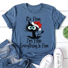 Funny Black Cat Christmas It's Fine Letter Print Women Slogan T-Shirt