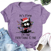 Funny Christmas Cat It's Fine Letter Print Women Slogan T-Shirt
