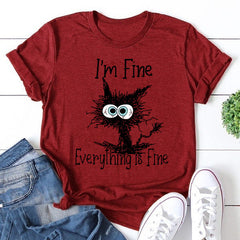 I'm Fine Everything Is Fine Cat Print Women Slogan T-Shirt