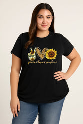Sunflower Round Neck Summer Tops Peace Love Sunshine Graphic Plus Size T-shirts