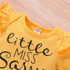3PCS Sunflower Short Sleeve Letter Printed Bodysuit With Floral Printed Set