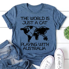 The World Letter Cat Print Women Slogan T-Shirt