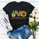 Camisetas estampadas de girassol com gola redonda e verão Peace Love Sunshine