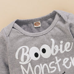"Boobie Monster" Letter Printed Romper With Pants Baby Set
