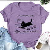 Coffee Cat Book Letter Print Women Slogan T Shirt