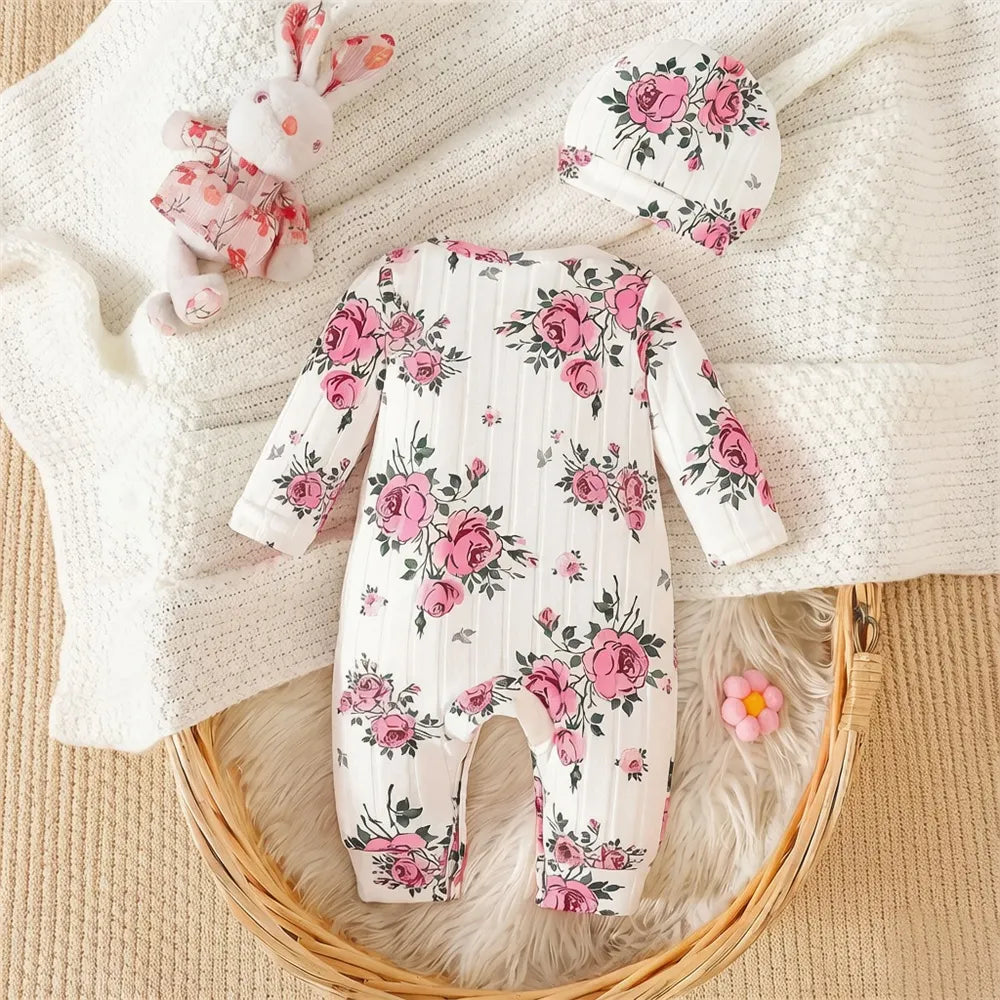 2PCS Classy Floral Printed Long Sleeve Baby Girl Jumpsuit