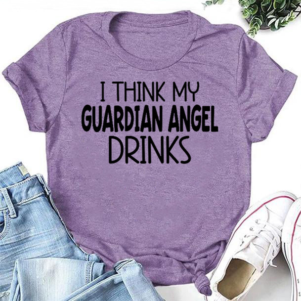 Camiseta com slogan feminino com estampa de letras do anjo da guarda Eu acho que meu anjo da guarda 