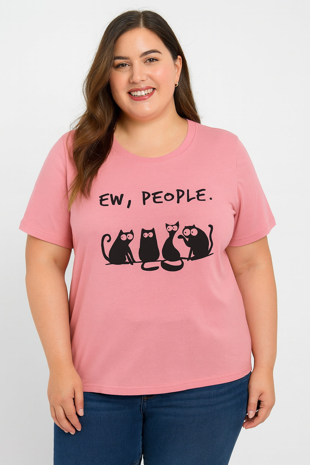 Ew People Cat Cartoon Print Cotton Plus Size T-Shirt