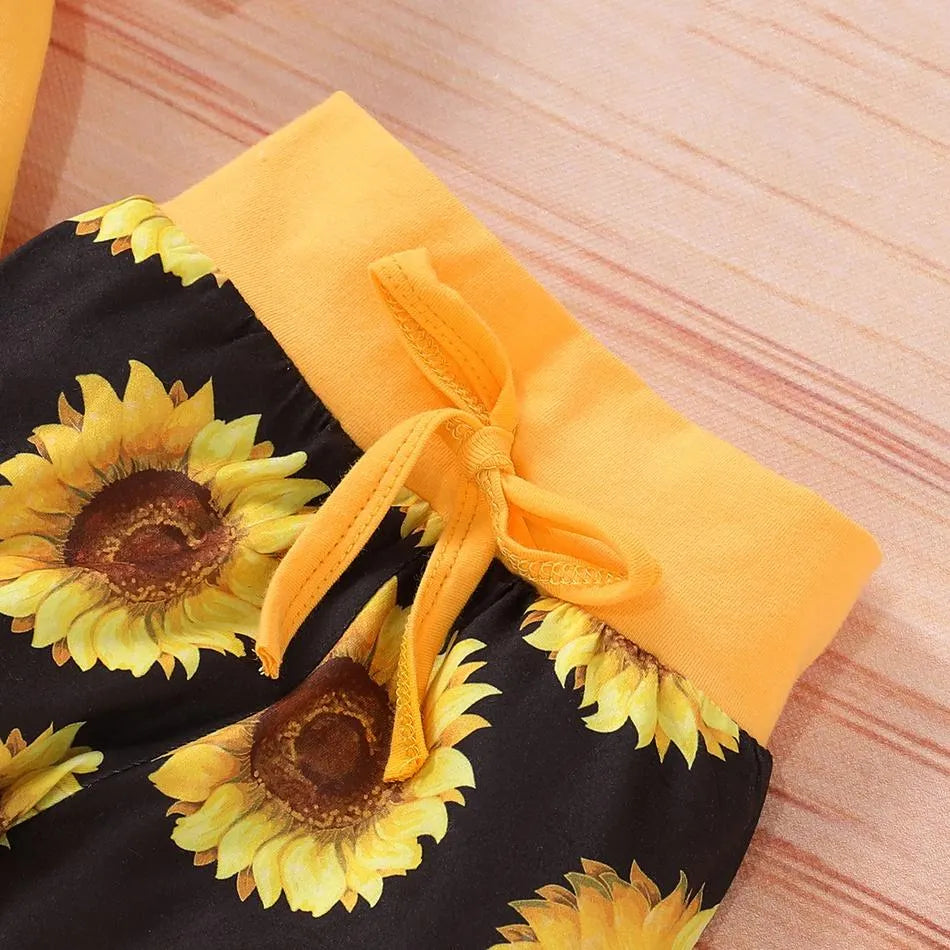 3PCS Sunflower Short Sleeve Letter Printed Bodysuit With Floral Printed Set