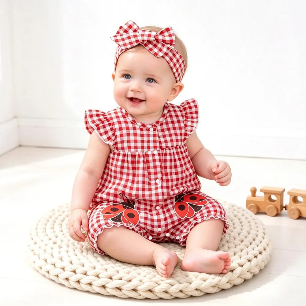 2PCS Lovely Plaid and Ladybug Printed Sleeveless Baby Jumpsuit