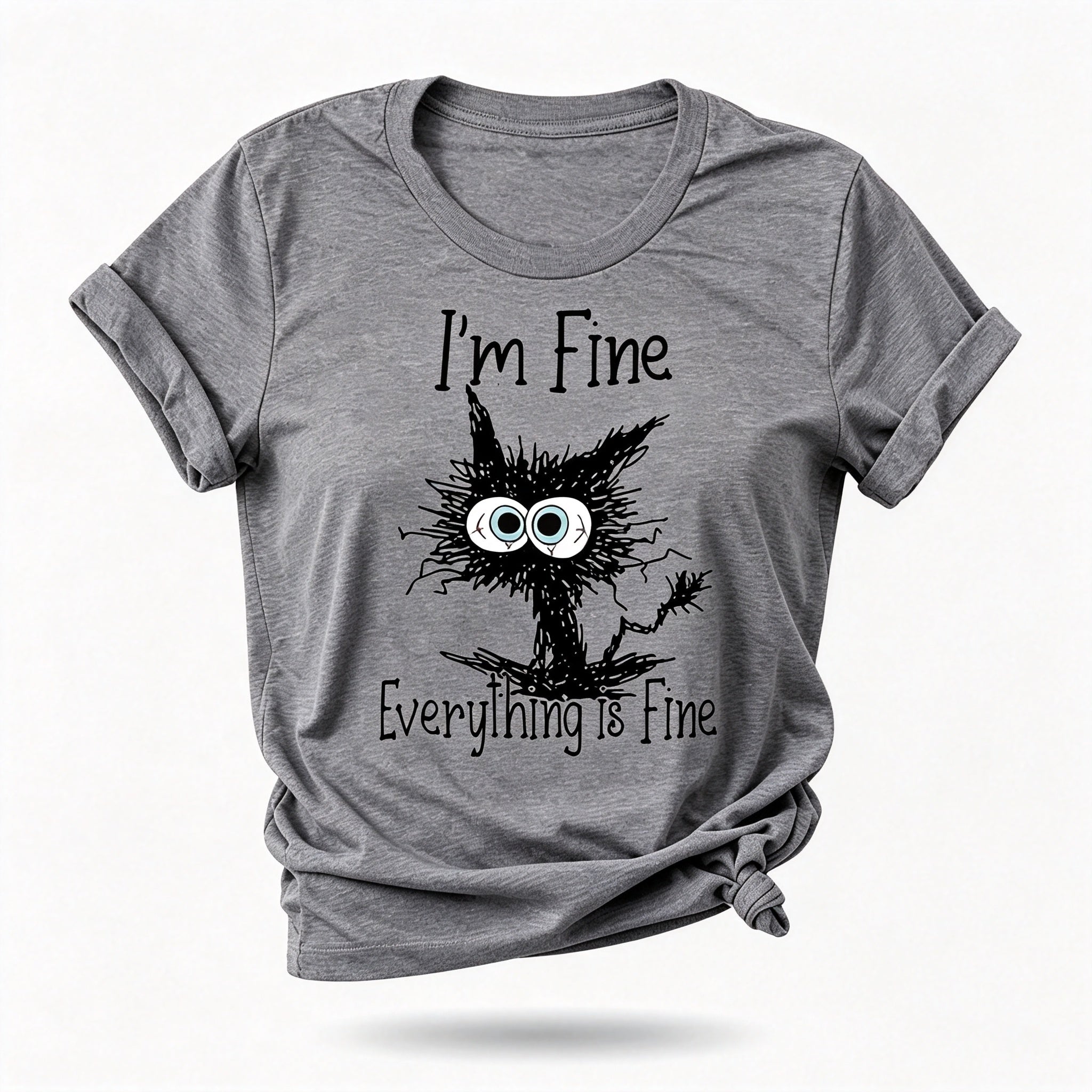 Estou bem, tudo está bem, camiseta feminina com slogan e estampa de gato