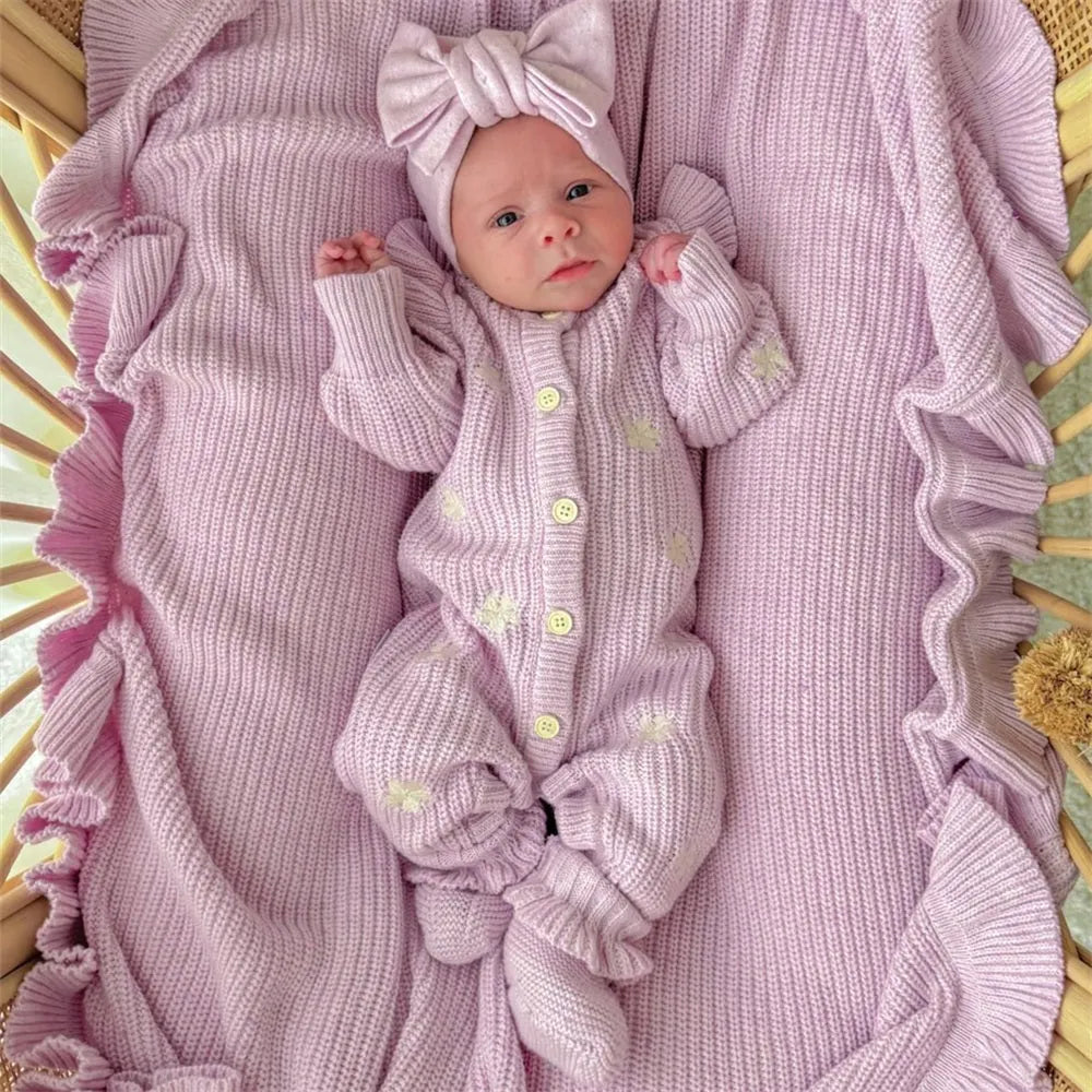 2PCS Cheerful Floral Embroidery Knit Long Sleeve Baby Jumpsuit