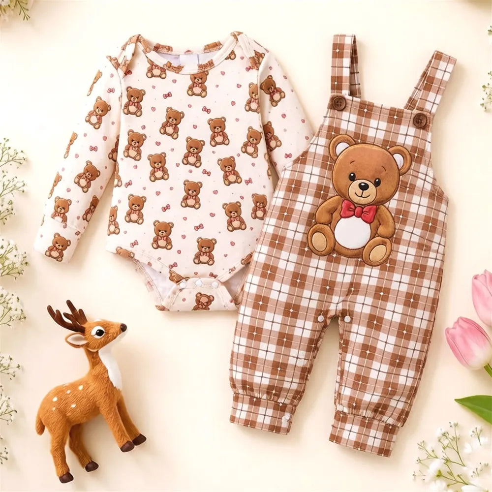 2PCS Adorable Bear Print Long Sleeve Baby Overalls Set