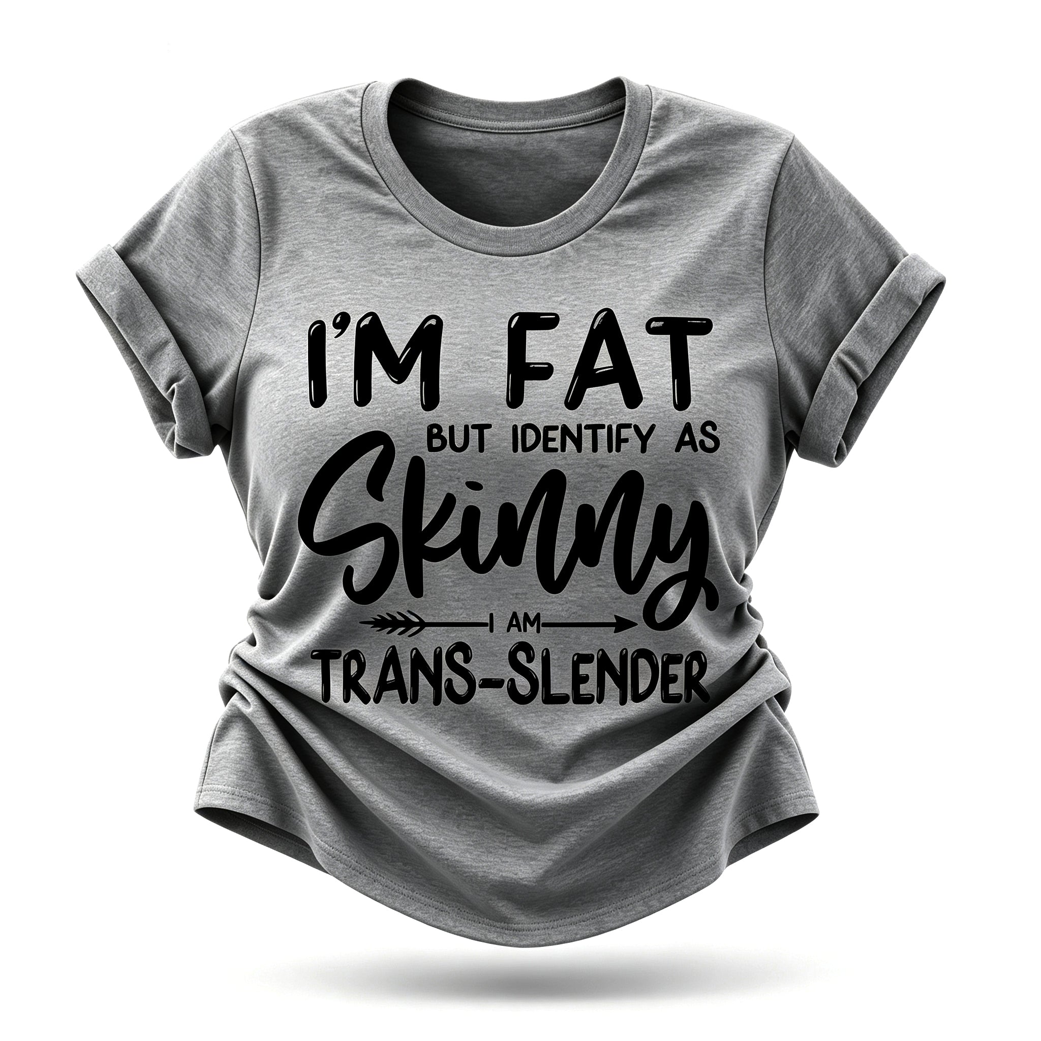 Camiseta feminina com slogan magro, mas me identifico como magra 