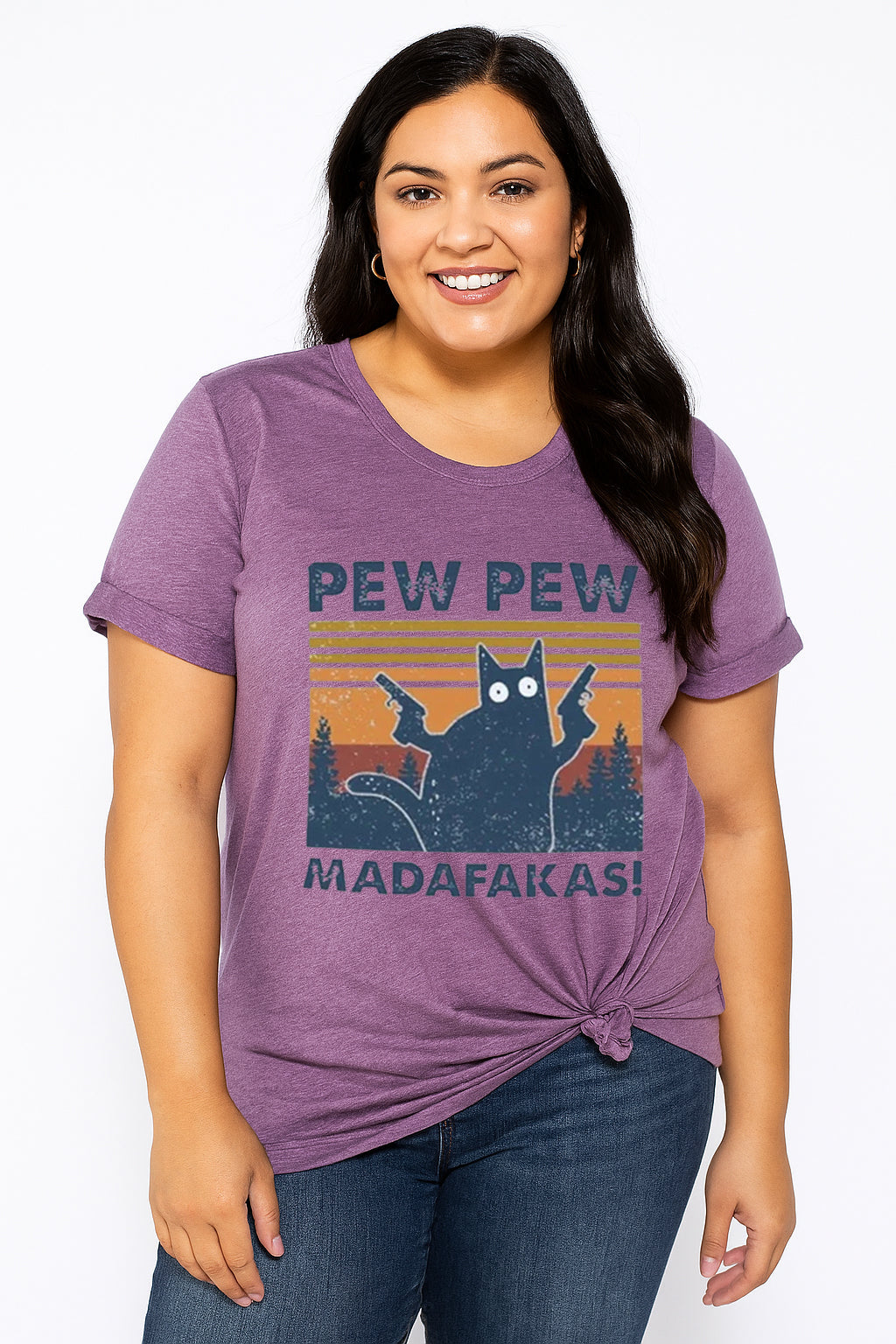 Pew Pew Cat Graphic Printed Plus Size Tee