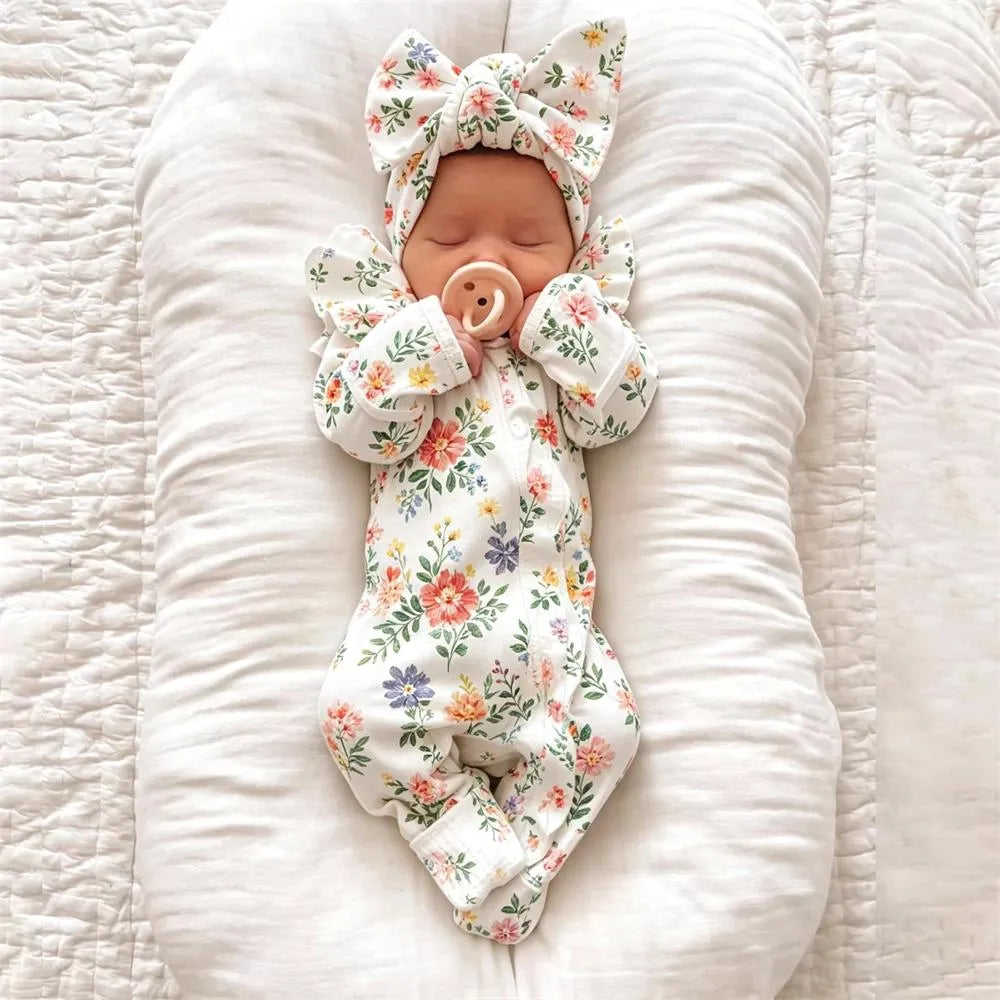 2PCS Pretty Floral Printed Zipper Long Sleeve Baby Jumpsuit