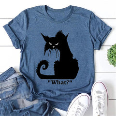 O que? Linda camiseta com slogan feminino com estampa de gato irritado