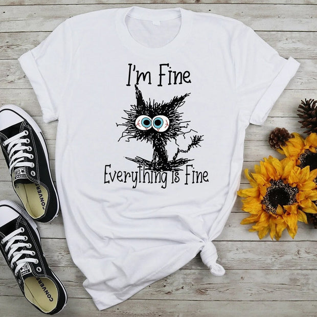 I'm Fine Everything Is Fine Cat Print Women Slogan T-Shirt