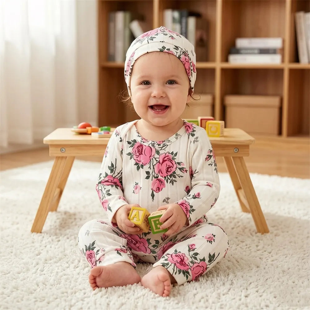 2PCS Classy Floral Printed Long Sleeve Baby Girl Jumpsuit