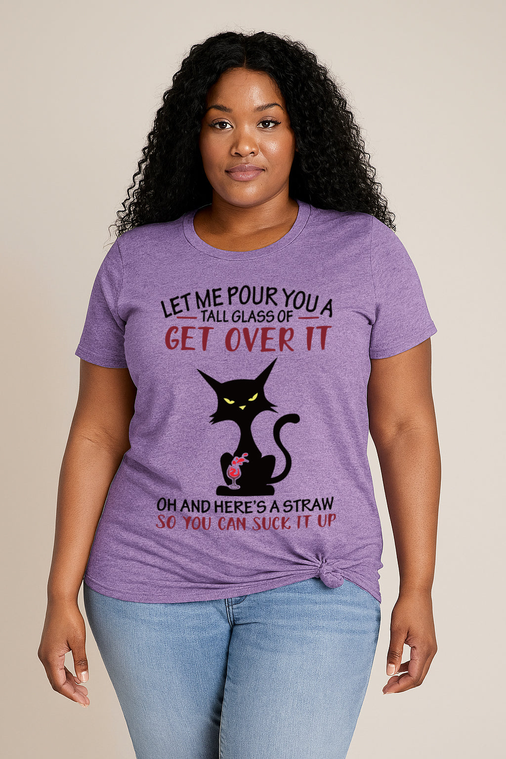 Get Over It Cat Print Women Slogan Plus Size T-shirt