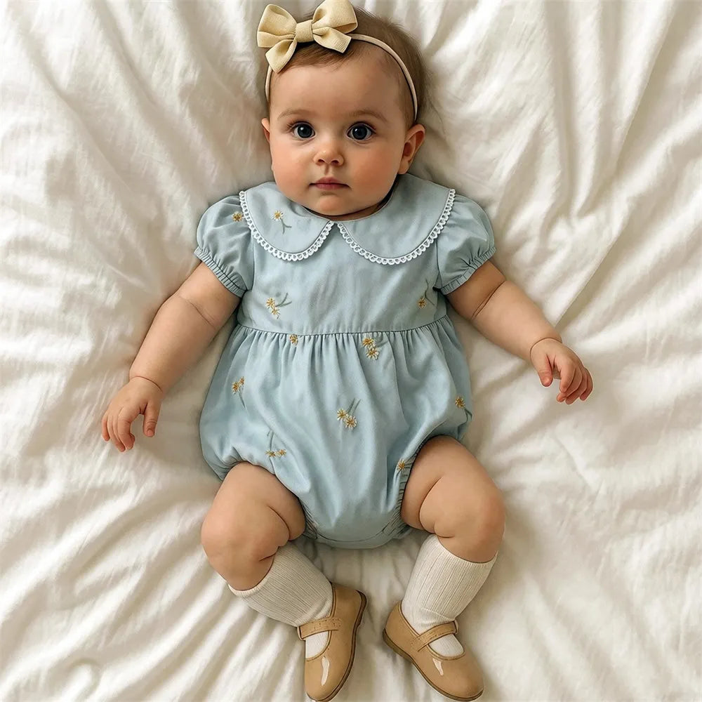 Graceful Floral Embroidery Puff Sleeve Baby Romper